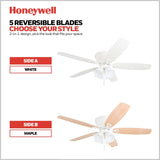 Honeywell Ceiling Fans Glen Alden, 52 Inch Classic Flush Mount Indoor LED Ceiling Fan with Light, Pull Chain, Quick-2-Hang Dual Finish Blades, Reversible Motor - 50520-01 (White) Honeywell Ceiling Fans