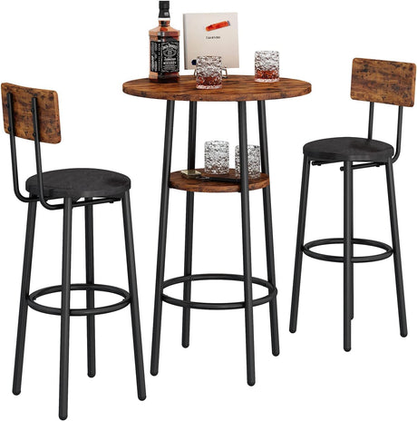 ILCQU 3-Piece Dining Table Set for 2, Small Round Kitchen Table with 2 Chairs, Counter Height Bar Table with Storage, Pub Table and PU Upholstery Stools for Small Space, Apartment, Bistro-Brown ILCQU