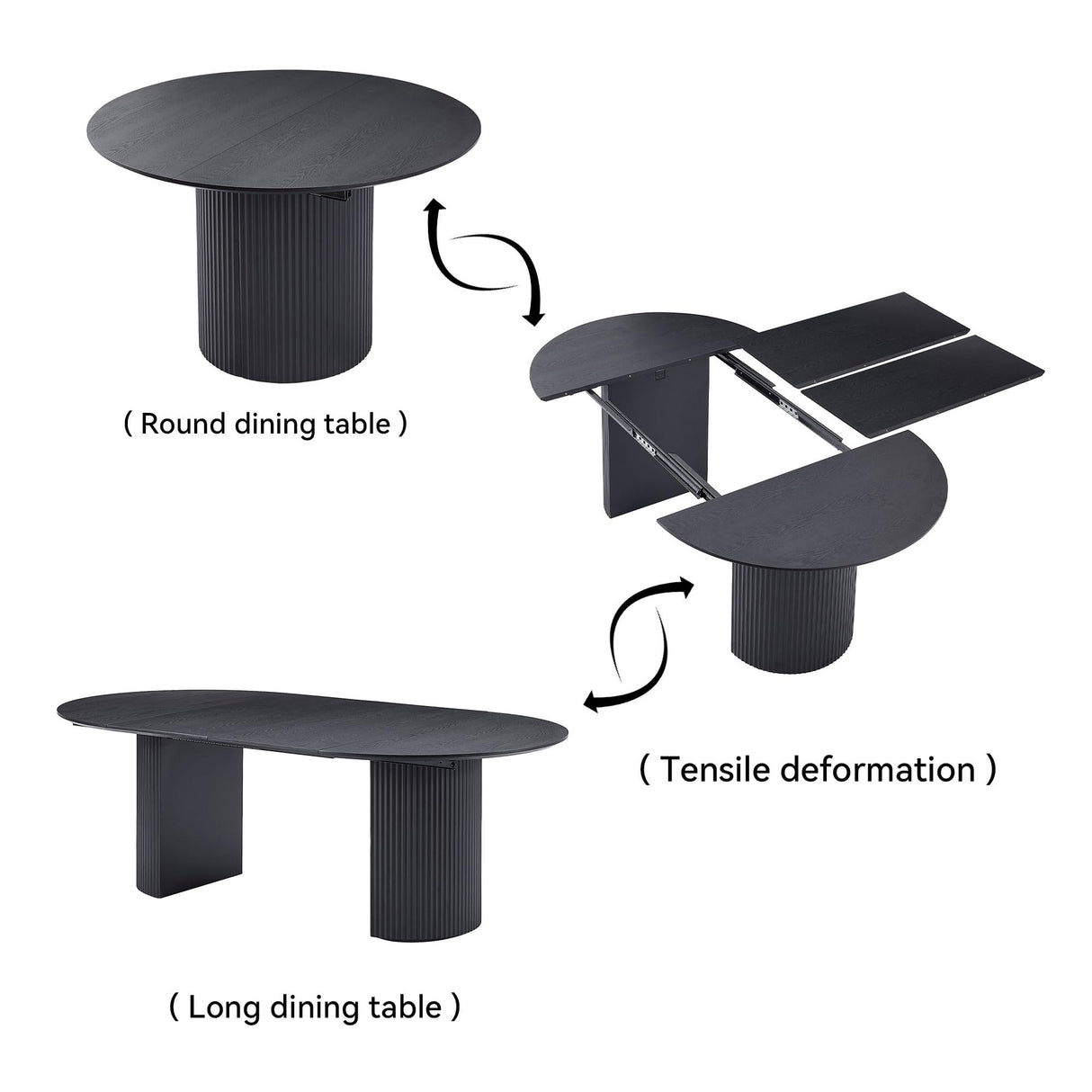 Dining Table, 86.61" to 47.24" Expandable Table for 4 to 8, Modern Extendable Kitchen Table, Round to Large Oval Solid Wood Table Furniture for Dining Room Kitchen Leisure Living Room Apartment, Black HanStrong