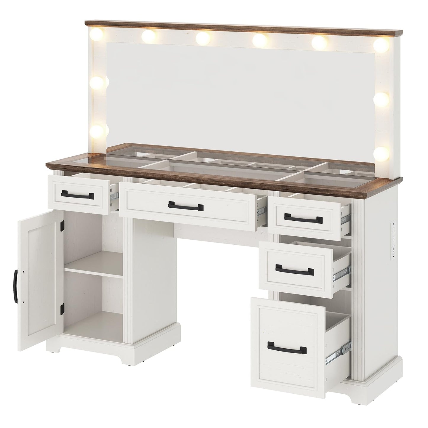 YUMPIE 55”Farmhouse Vanity Desk with Large Mirror & Lights, Glass Top Large Makeup Vanity Table with 10 Hollywood Lights Bulbs, Charging Station, 5 Drawers, Dressing Table for Bedroom, Rustic White