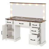 YUMPIE 55”Farmhouse Vanity Desk with Large Mirror & Lights, Glass Top Large Makeup Vanity Table with 10 Hollywood Lights Bulbs, Charging Station, 5 Drawers, Dressing Table for Bedroom, Rustic White YUMPIE