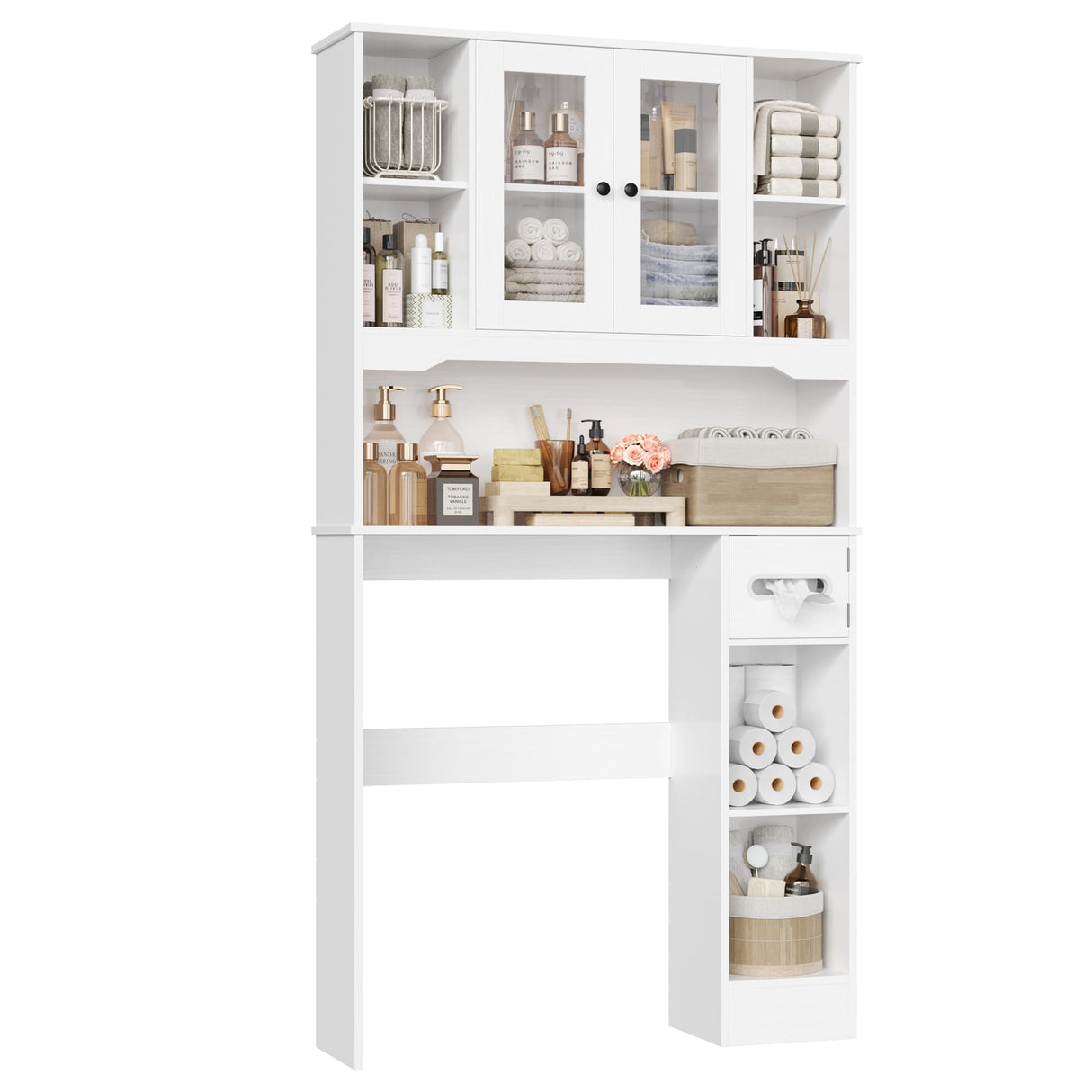 FACBOTALL Over The Toilet Storage Cabinet, Bathroom Organizer with Glass Doors and Paper Holder, Bathroom Shelf Over Toilet, Space-Saver for Restroom, Laundry, White FACBOTALL