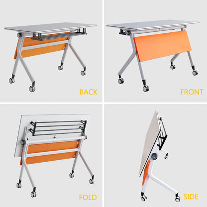 Conference Room Table,4 Pack Modern Office Folding Conference Training Table，Flip Top Mobile Seminar Table with Lockable Wheels,Mobile Foldable Meeting Table for Classroom Office (Orange)