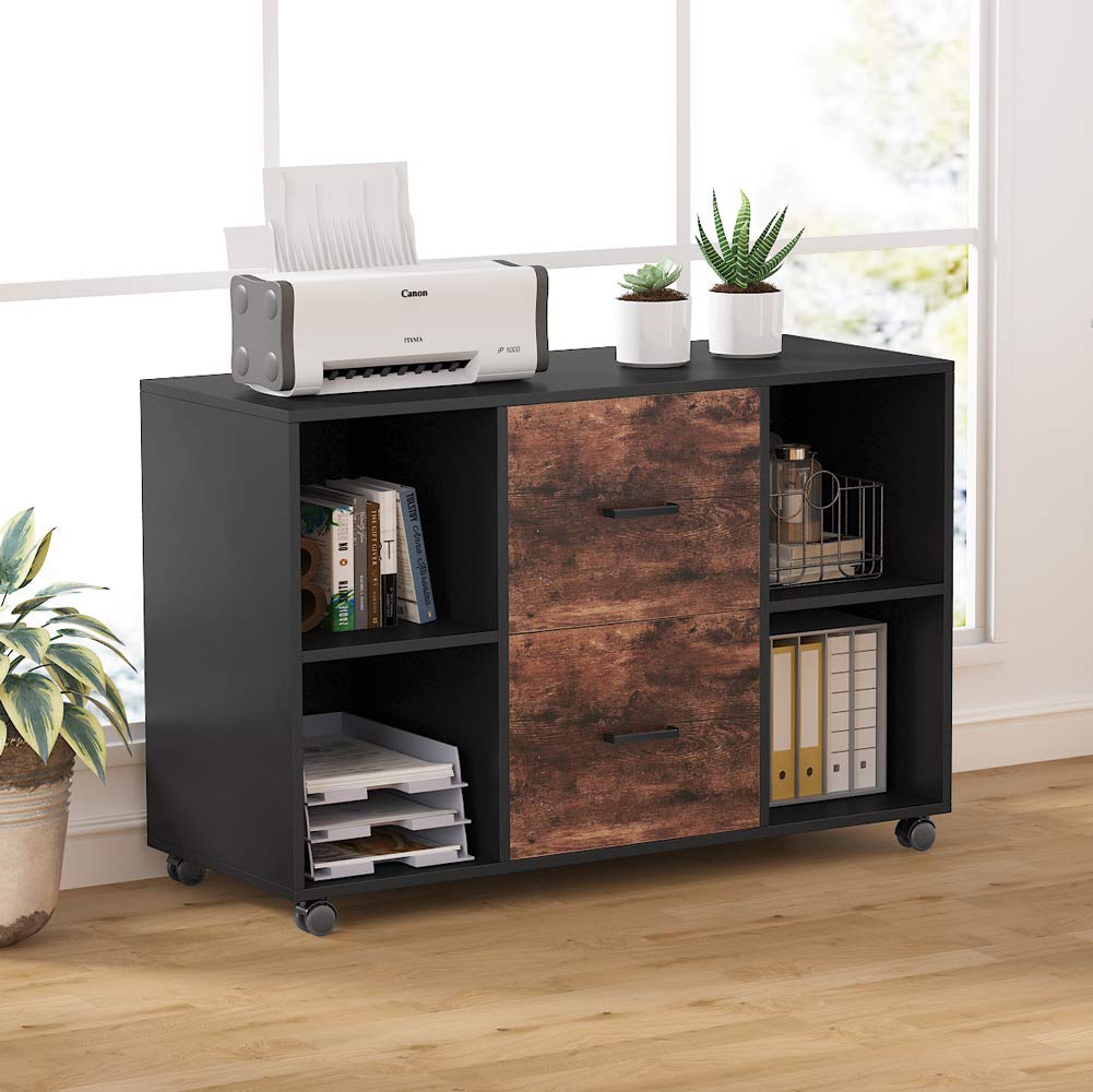 Tribesigns 2 Drawer File Cabinet, Large Mobile Lateral Filing Cabinet for Letter Size, Printer Stand with Storage Shelves and Rolling Wheels for Home Office (Black/Rustic) - WoodArtSupply