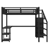 Loft Bed with Desk Full Size, Gaming Loft Bed with LED Light for Adults, Heavy-Duty Loft Beds Frame with Stairs & Wardrobe & Storage Shelves, Bunk Bed with Steps for Teens Boys Girls Room Dorm, Black Mirightone