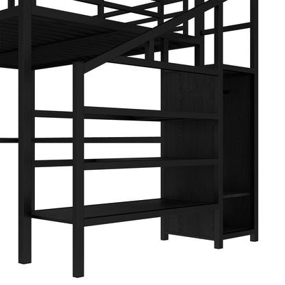 JIJIWANG Queen Size Loft Bed with L-Shaped Desk and USB, Metal Loft Bed with Wardrobe and Adjustable Shelf, with LED for Kids Teens Adults, Black