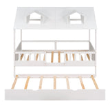 DHPM Twin Size Wooden Playhouse Bed with Trundle and Safety Fence in White DHPM