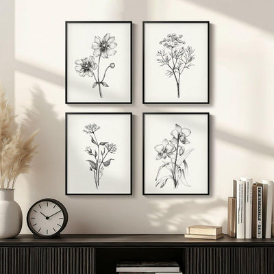 4 Pieces Vintage Flower Wall Decor | Framed Canvas Minimalist Black and White Floral Wall Art, Set of 4 Retro Floral Botanical Pictures for Rustic Farmhouse Living Room Bedroom Bathroom Wall Decor