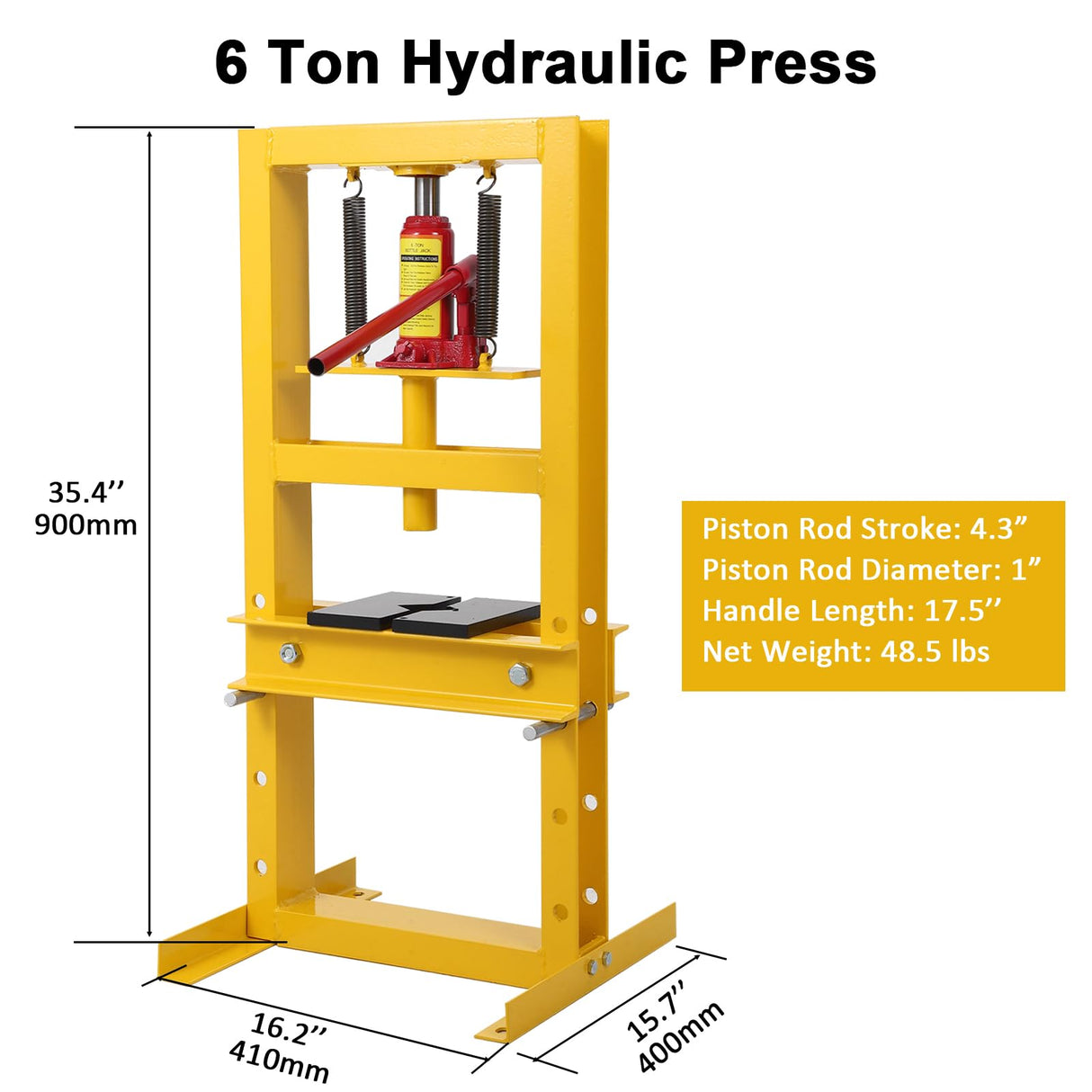 GarveeTech Hydraulic Press 6 Ton Hydraulic Shop Press, H-Frame Garage Floor Benchtop Press Adjustable Shop Press with Plates, Adjustable Working Table Height, for Gears and Bearings, Yellow GarveeTech