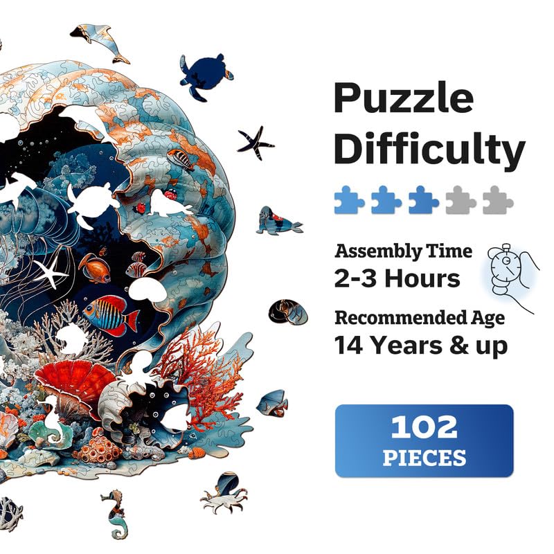 Jigfoxy Wooden Puzzles for Adults, Seashell Wood Puzzles Adult, Unique Animal Shape Wooden Jigsaw Puzzles for Adults, Birthday Gifts for Puzzle Lovers, Family(S-8.4 * 8.4in-102pcs) Jigfoxy