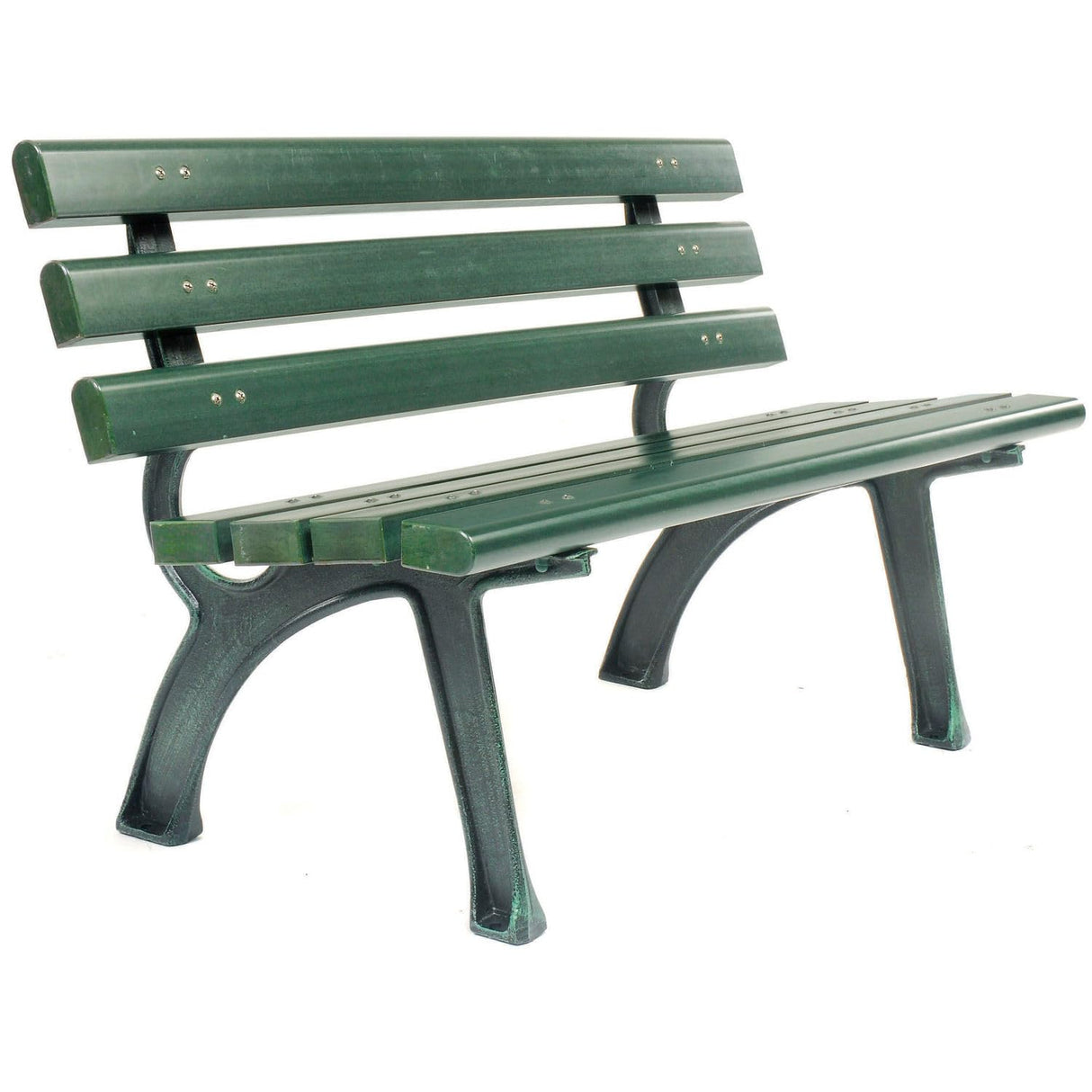 Global Industrial 4'L Outdoor Park Bench with Backrest, Recylced Plastic Slats, Wrought Iron Frame, 1100 lbs Capacity, Green, Surface Mount, Easy Assembly Global Industrial