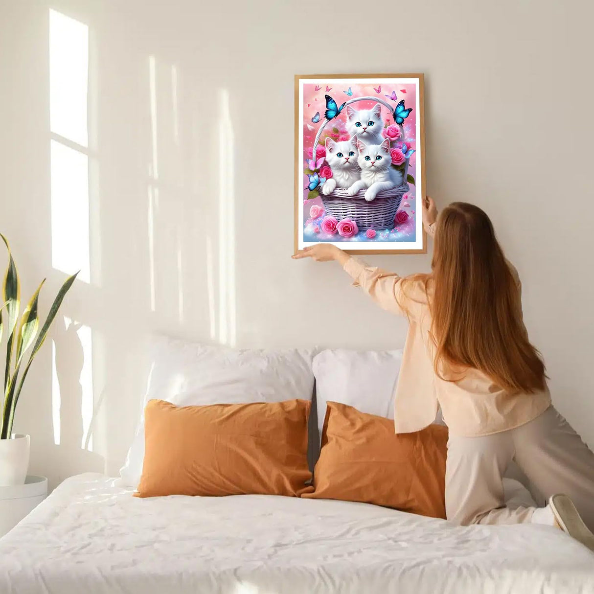GDYEEH DIY 5D White Kitten Diamond Art Kits, Round Full Drill Butterfly Cat Diamond Painting Picture, Flower Basket Painting by Numbers Art Kits for Adults Beginners Home Wall Decor 12x16 inch GDYEEH