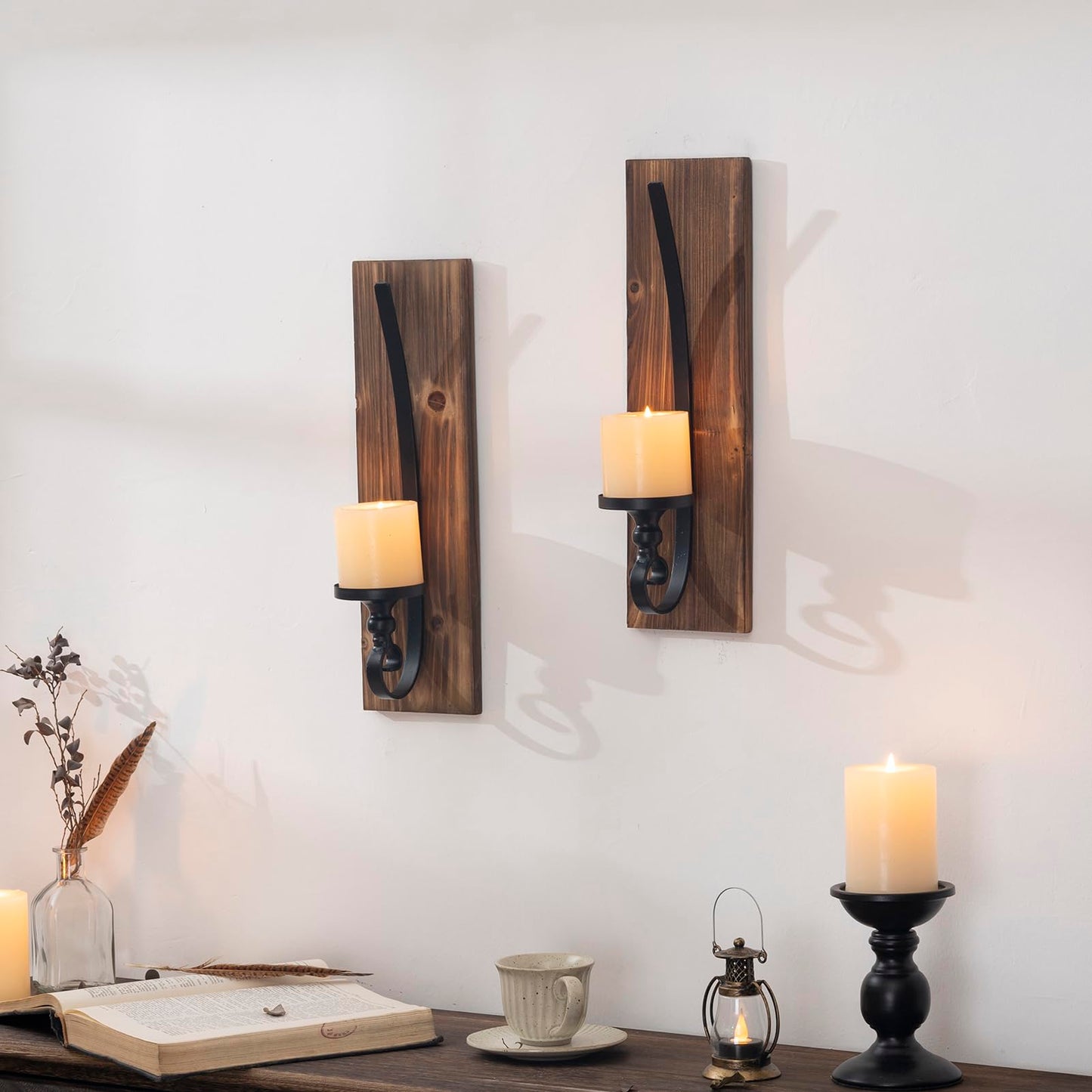 Wall Sconce Candle Holder Black Wall-Mount Metal and Wooden Candle Holders Hanging Iron Wall Candle Sconce Holder for Home,Living Room, Bathroom, Dining Room, Set of 2 - WoodArtSupply