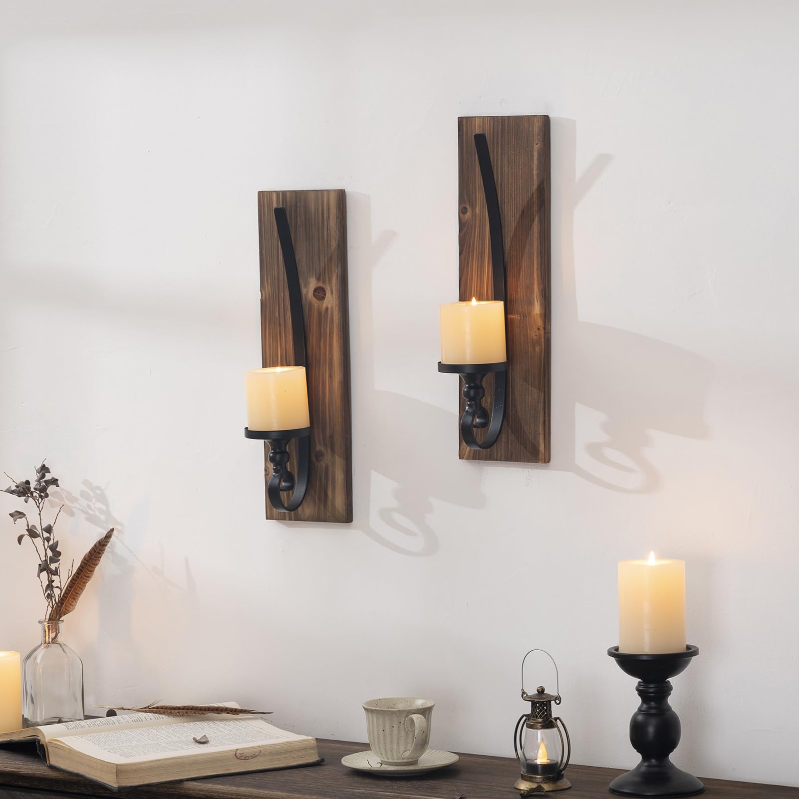 Wall Sconce Candle Holder Black Wall-Mount Metal and Wooden Candle Holders Hanging Iron Wall Candle Sconce Holder for Home,Living Room, Bathroom, Dining Room, Set of 2 - WoodArtSupply