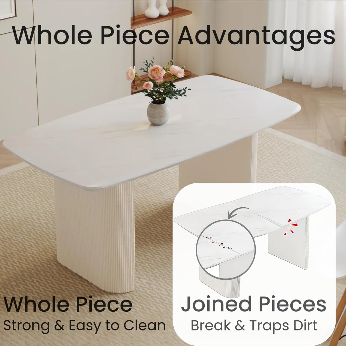 Ebullient White Oval Dining Table Set for 6, 67'' Modern Dining Table Set for 6, Cream White Oval Tabletop with Sleek Ripple Legs, 6 Soft Faux Leather Chairs, Ideal for Dining Room Ebullient