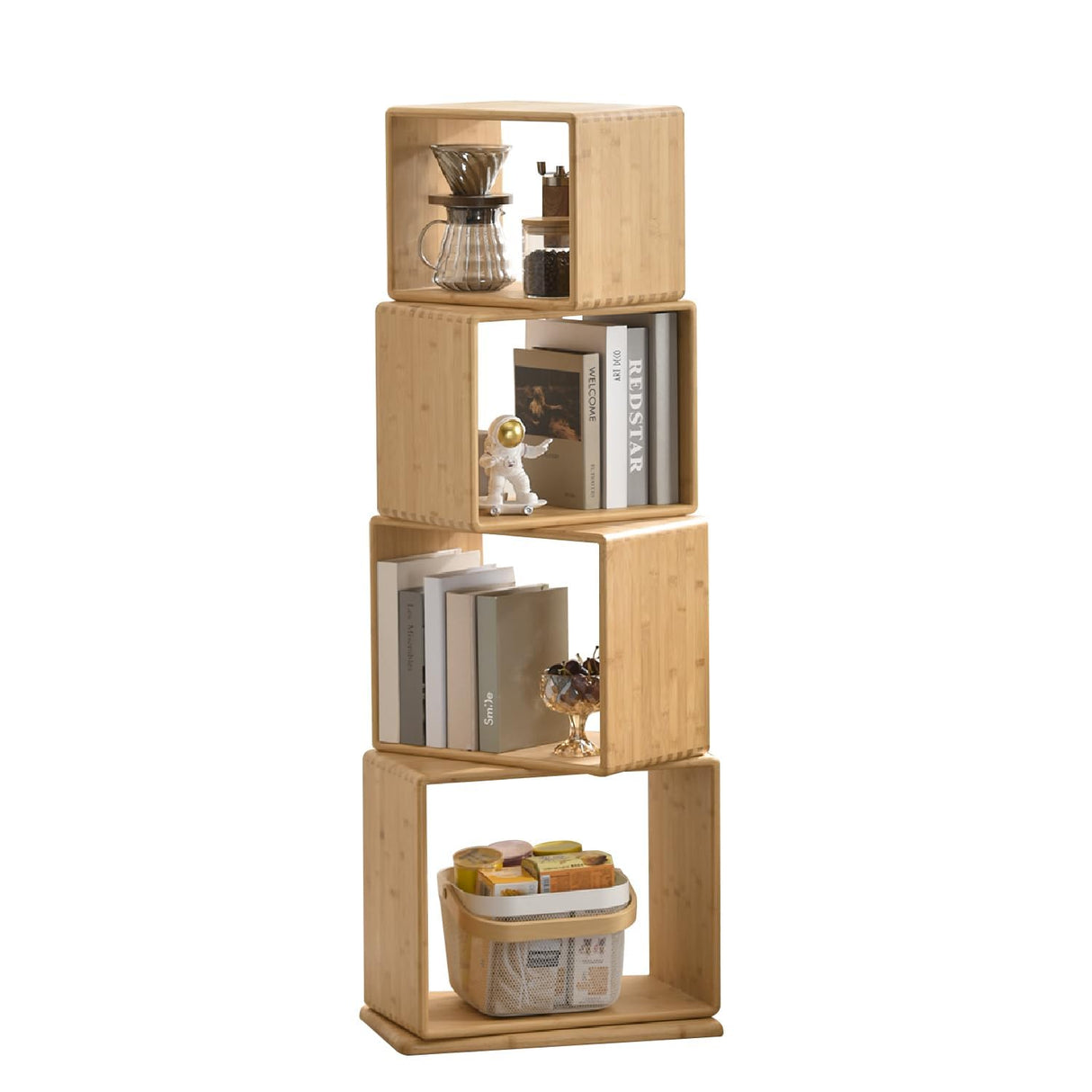 4-Tier Modern Rotating Bamboo Bookcase, DIY Free-Standing Bookshelf Large Capacity Creative Open Book Cabinet, 2 in 1 Nightstand Storage Organizer Lattice Shelf for Home, Office, Living Room, 4-Cube briteman