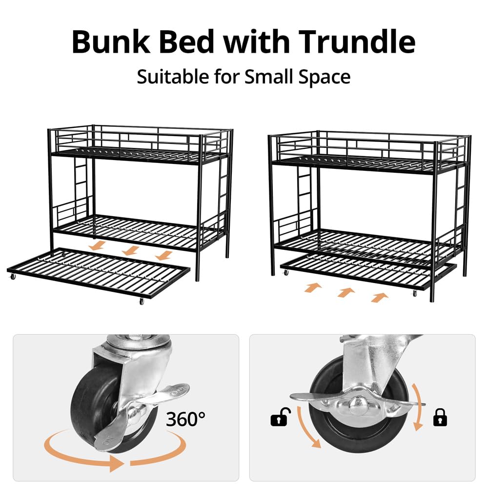 TURRIDU Bunk Bed Twin Over Twin with Trundle, Metal Triple Bunk Beds with 2 Side Ladders, Heavy Duty Bed Frame for Girls Boys Teens Adults, Can be Divided Into 3 Beds, No Box Spring Needed, Black TURRIDU