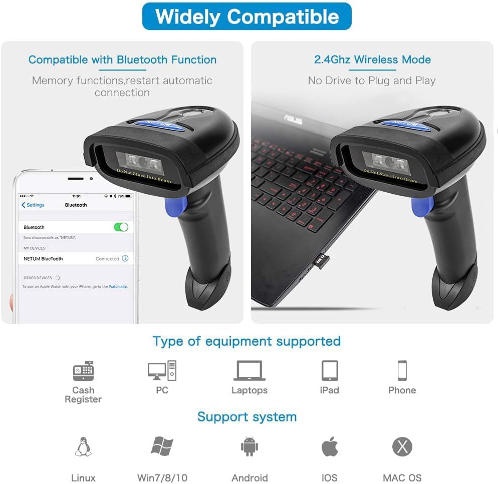 NETUM Bluetooth Barcode Scanner, Compatible with 2.4G Wireless & Bluetooth Function & Wired Connection, Connect Smart Phone, Tablet, PC, CCD Bar Code Reader Work with Windows, Mac,Android (NT-1228BC) NETUM