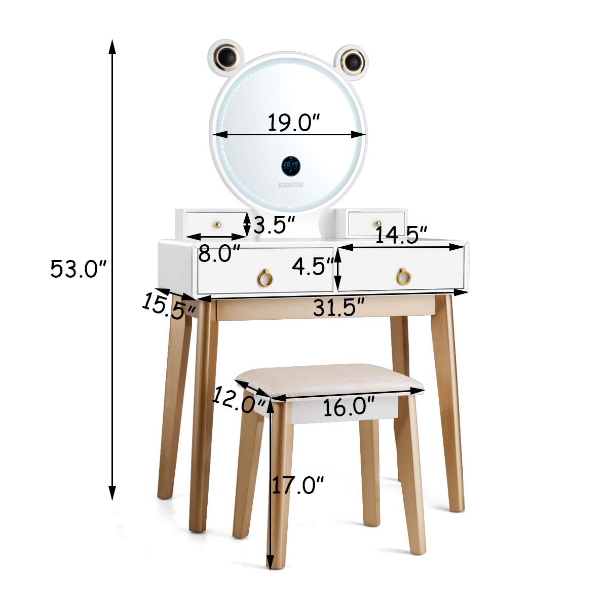 CHARMAID Vanity Set with Lighted Mirror, 3 Color Touch Screen Dimming Mirror with Display, 4 Drawers with Jewelry Organizer, Bedroom Makeup Dressing Table with Cushioned Stool - WoodArtSupply