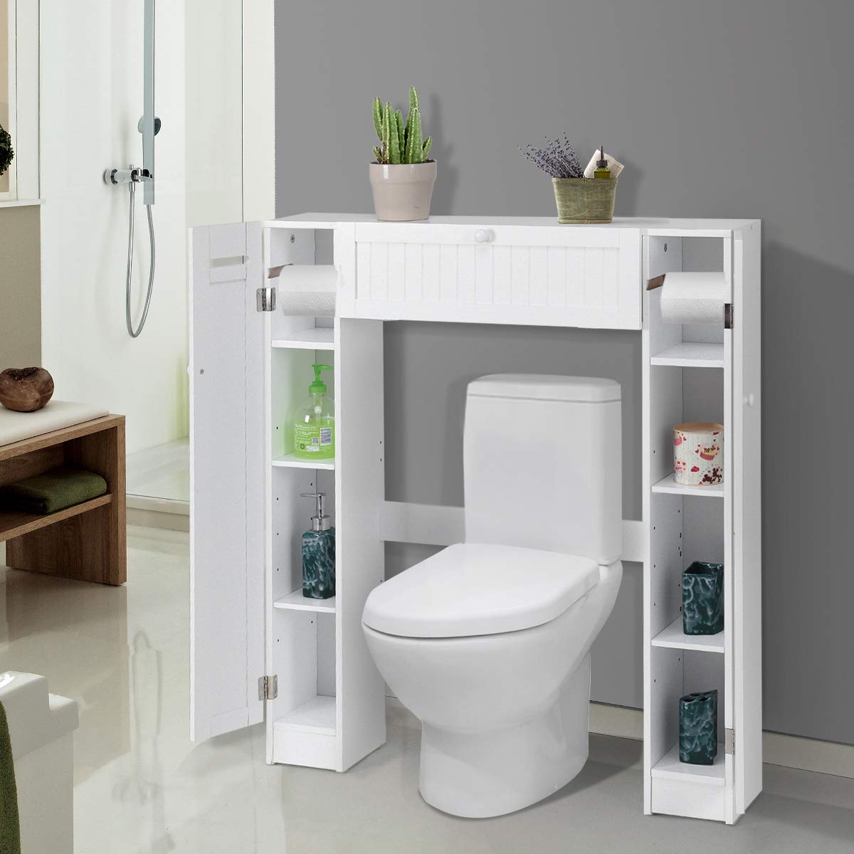 Giantex Over The Toilet Storage Cabinet with 2 Doors and Adjustable Shelves, Space-Saving Rack Bathroom Shelf with Paper Holder, Freestanding Bathroom Storage Over The Toilet for Small Space, White Giantex