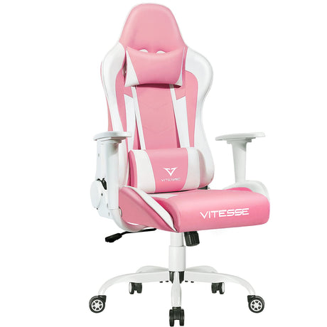 PUKAMI Pink Cute Kawaii Gaming Chair for Girl Ergonomic Desk Racing Office Adjustable High Back Game Swivel Leather Chair with Lumbar Support and Headrest WoodArtSupply