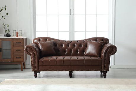 Morden Fort Faux Leather Couch Chesterfield Sofa, 80" W Upholstered Button Tufted Faux Leather Sofa with Pillows, Comfy Couches for Living Room Furniture, Bedroom, Apartment (Brown) Morden Fort