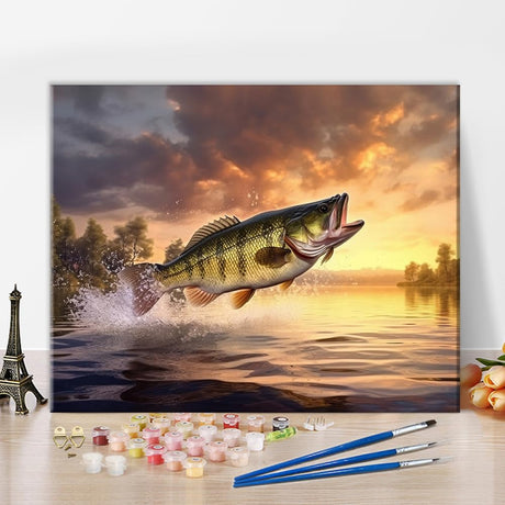 TUMOVO Largemouth Bass Paint by Numbers for Adults Fish Jumping Out of Water DIY Oil Paint by Number On Canvas Yellow Theme Painting Art Crafts Acrylic Paints for Home Decor Painting Gift 16"x20" TUMOVO