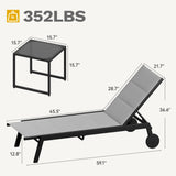DWVO Outdoor Chaise Lounge Set, 2 Patio Chaise Lounge Chairs with Side Table, Padded Textile Pool Loungers with 5-Level Backrest and Wheels for Beach, Lawn, Porch, Garden (Grey) DWVO
