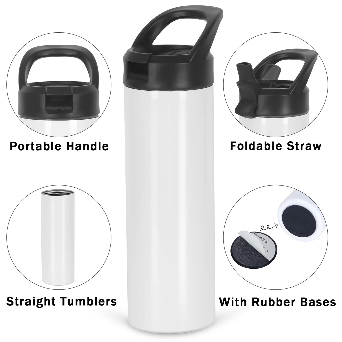 8 Pack Sublimation Tumblers Bulk, 20 OZ Skinny Straight Sublimation Sports Tumbler Blanks, Double Wall Stainless Steel Sublimation Water Bottle Bulk with Portable Handle, Individually