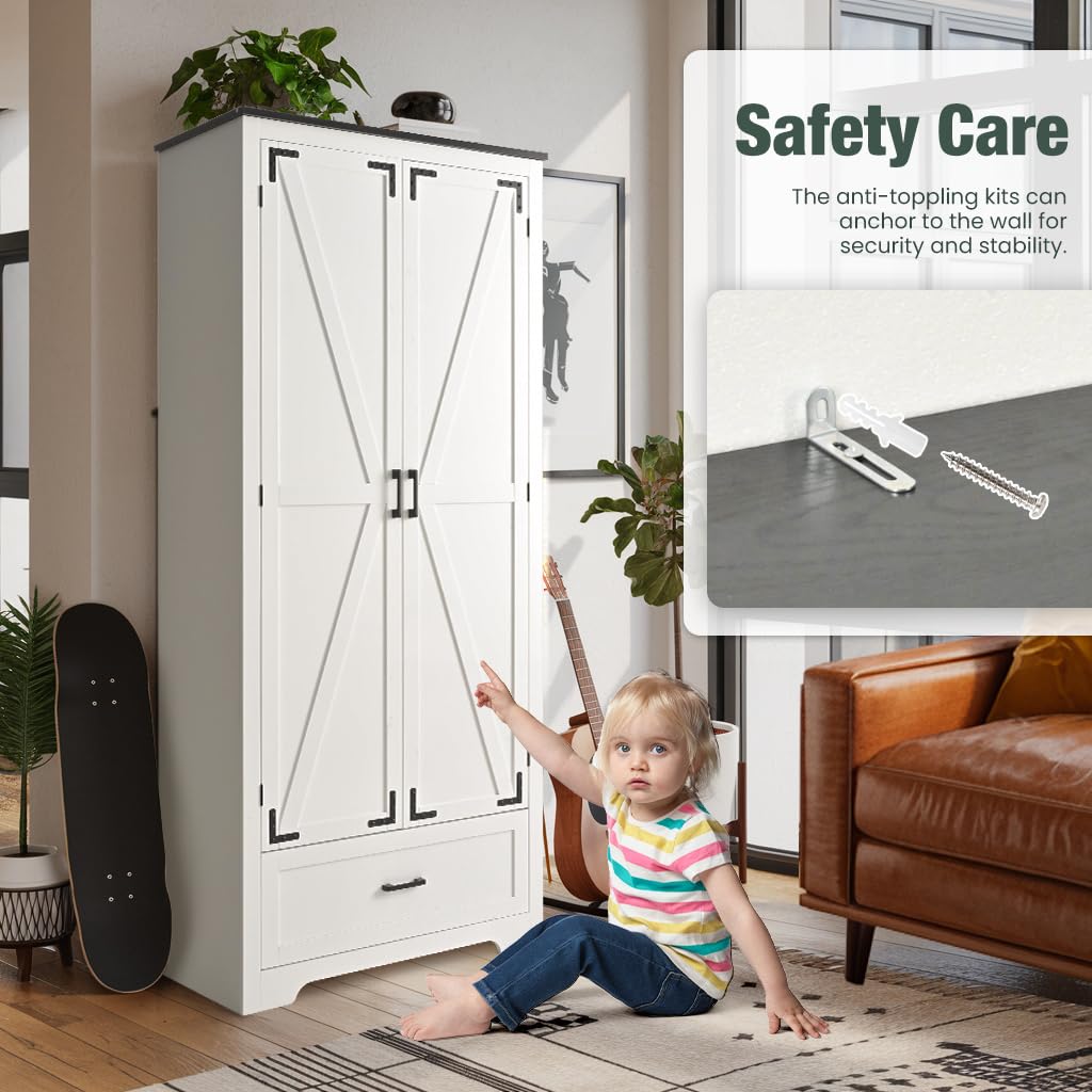 Pamapic Farmhouse Kitchen Pantry Cabinet - 71" Tall Wooden Storage Cabinets with 2 Barn Doors, Versatile Storage Cabinet with Shelves & Drawers for Dining Room, Bathroom,White Pamapic