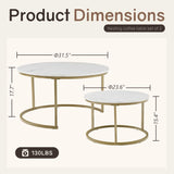 Otterease Nesting Tables Set of 2, 31.5" Round Coffee Table, Small Nesting Coffee Table with Adjustable Non-Slip Fee, White Marble Top Stack Nesting Tables Set of 2 for Living Room, Bedroom (White) Otterease