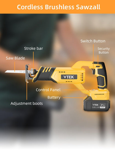 VTEK Brushless Cordless Reciprocating Saw,3 Level Speed Setting,Cordless Power Reciprocating Saw,0-3000RPM Reciprocal Saw,Reciprocating Saws for Woods/Metal/Plastic/Brick Cutting VTEK