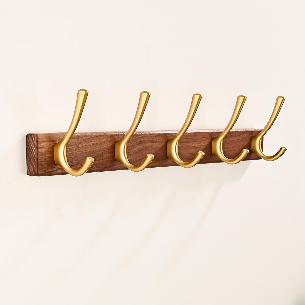 LECHYN 17.3" Small Walnut Wood Coat Rack Wall Mount with 5 Hooks, Heavy Duty Wooden Jacket Hanger Door Mounted for Decorative Entryway Bathroom Hanging Towel Backpack Purse Clothes Hat Key Gold LECHYN