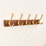 LECHYN 17.3" Small Walnut Wood Coat Rack Wall Mount with 5 Hooks, Heavy Duty Wooden Jacket Hanger Door Mounted for Decorative Entryway Bathroom Hanging Towel Backpack Purse Clothes Hat Key Gold LECHYN