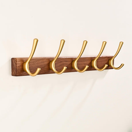 LECHYN 17.3" Small Walnut Wood Coat Rack Wall Mount with 5 Hooks, Heavy Duty Wooden Jacket Hanger Door Mounted for Decorative Entryway Bathroom Hanging Towel Backpack Purse Clothes Hat Key Gold LECHYN