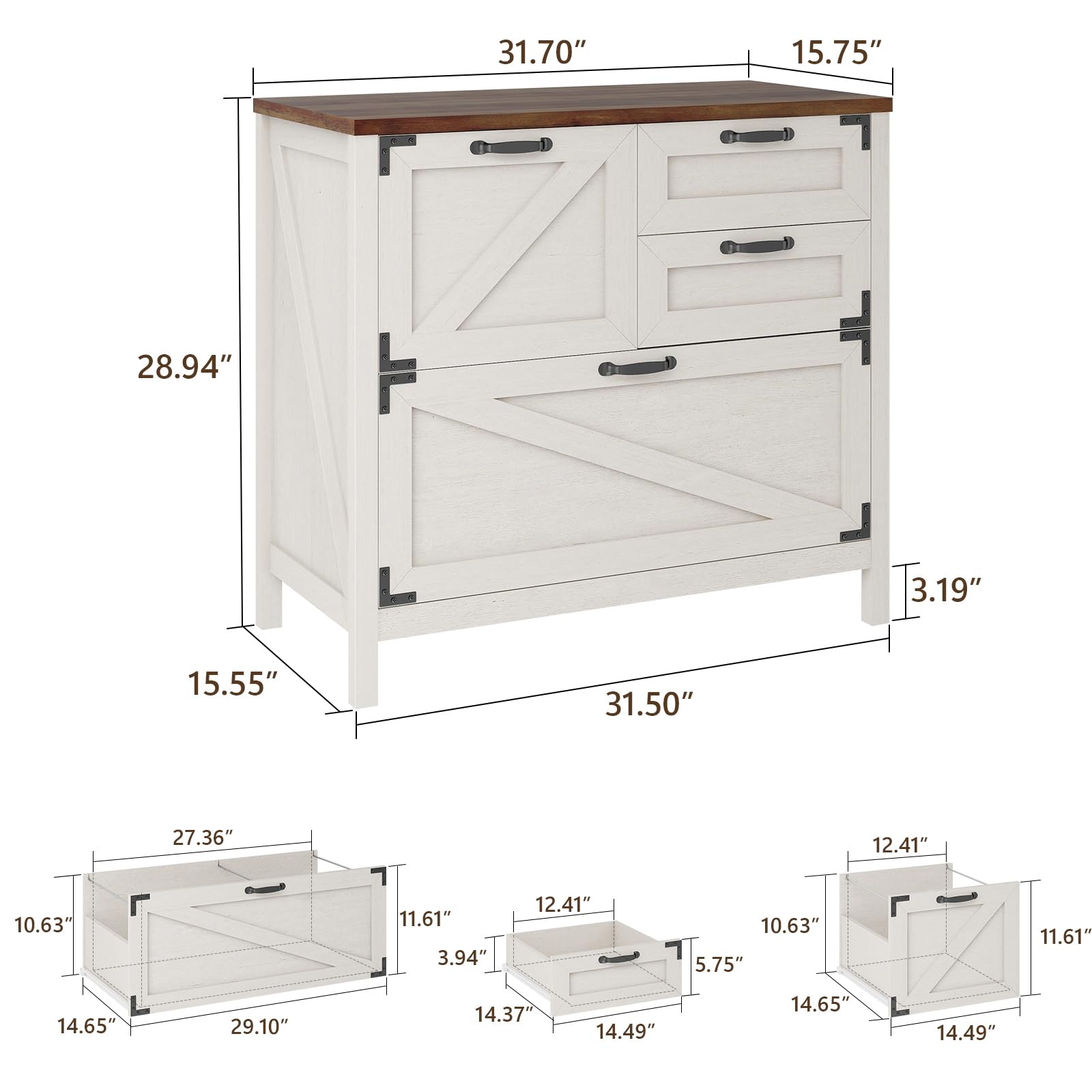 Lateral File Cabinet with 4 Drawers Farmhouse File Cabinet for Letter/Legal/A4 Size Hanging Files, Large Wood File Storage Cabinets Printer Stand for Home Office Cabinet, Rustic White - WoodArtSupply