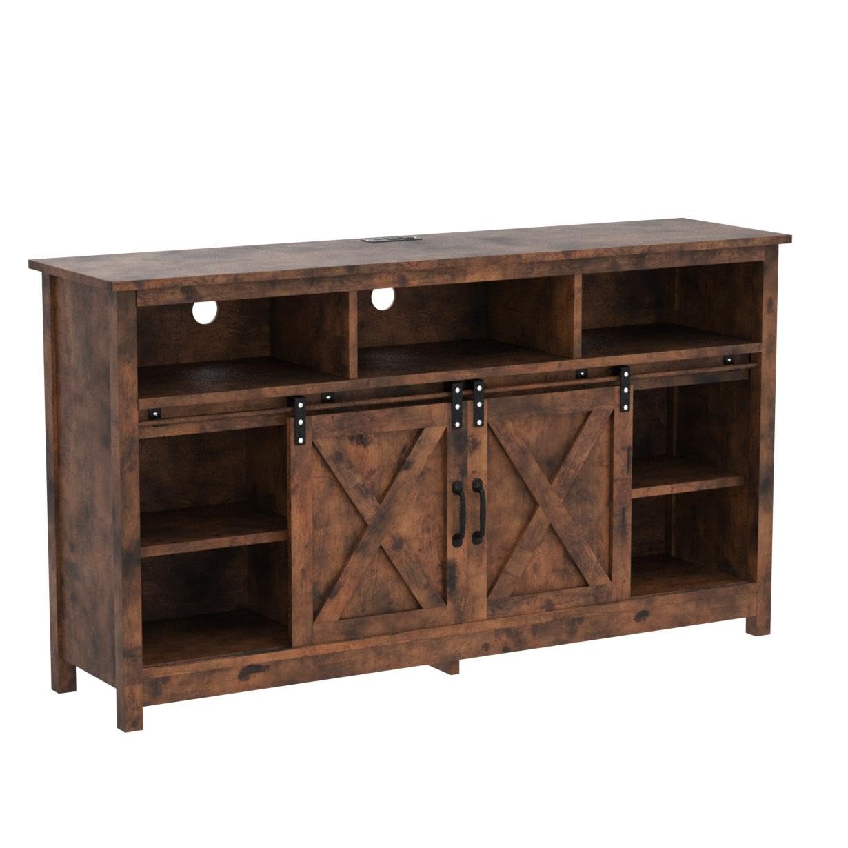 Farmhouse Coffee Bar Cabinet Rustic Sliding Barn Door Storage Cabinet with Power Outlet, Buffet Server Sideboard Cupboard Table for Dining Room Entryway Kitchen (Rustic Brown)