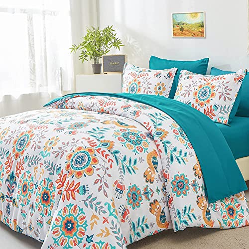 DHSFKBE Boho Comforter Set Twin - 5 Pieces Bed in a Bag Floral Medallions Design, Bohemian Comforter Set with Sheets, Soft Microfiber Complete Bedding Sets All Season (Teal Blue, Twin) DHSFKBE