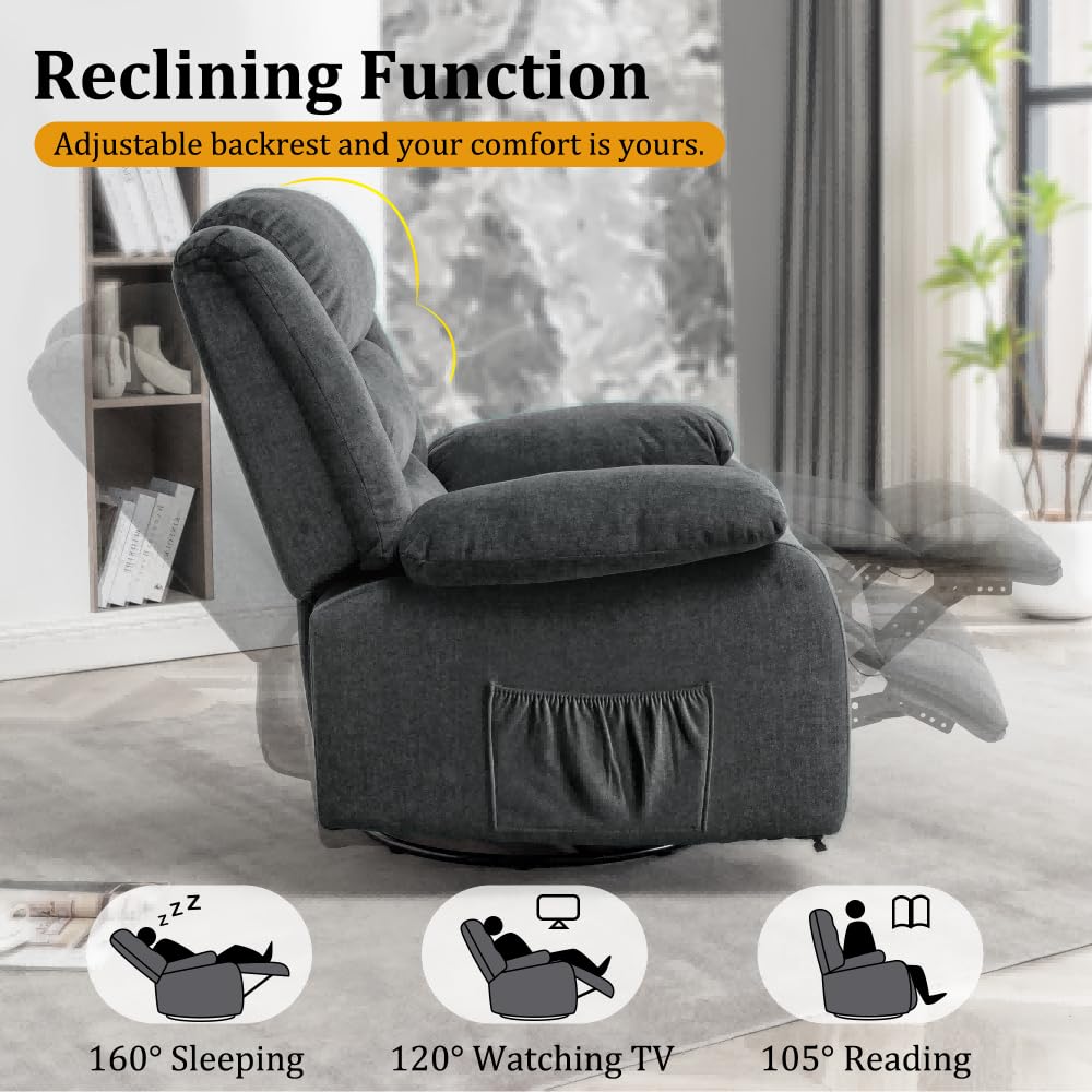 Korser Recliner Chair, Wide Rocker Chair, Rocking Chair with Massage and Heat,360°Swivel Nursery Rocking Chairs, Oversized Recliner for Adults, Cashmere Reclining Sofa for Living Room, Grey Korser