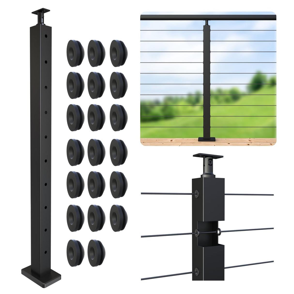 Cable Railing Post 36" (35"X2"x2"), Level Drilled Stainless Steel Deck Railing Post, Black Adjustable Top Level Holes Railing Post for Horizontal Cable Systems, Surface Mount Post for Decks Wqinjk