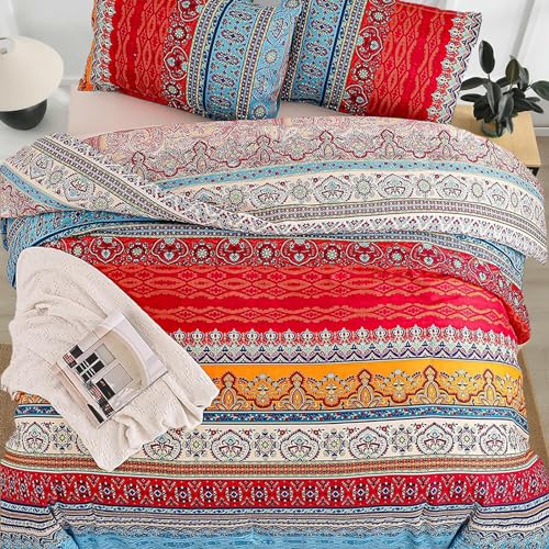 Goodidea Striped Bohemian Comforter Set Queen Size 3 Pieces Boho Hippie Geometric Bedding Set Soft Breathable Reversible Microfiber Boho Comforter with 2 Pillowcases(20"x26") Goodidea