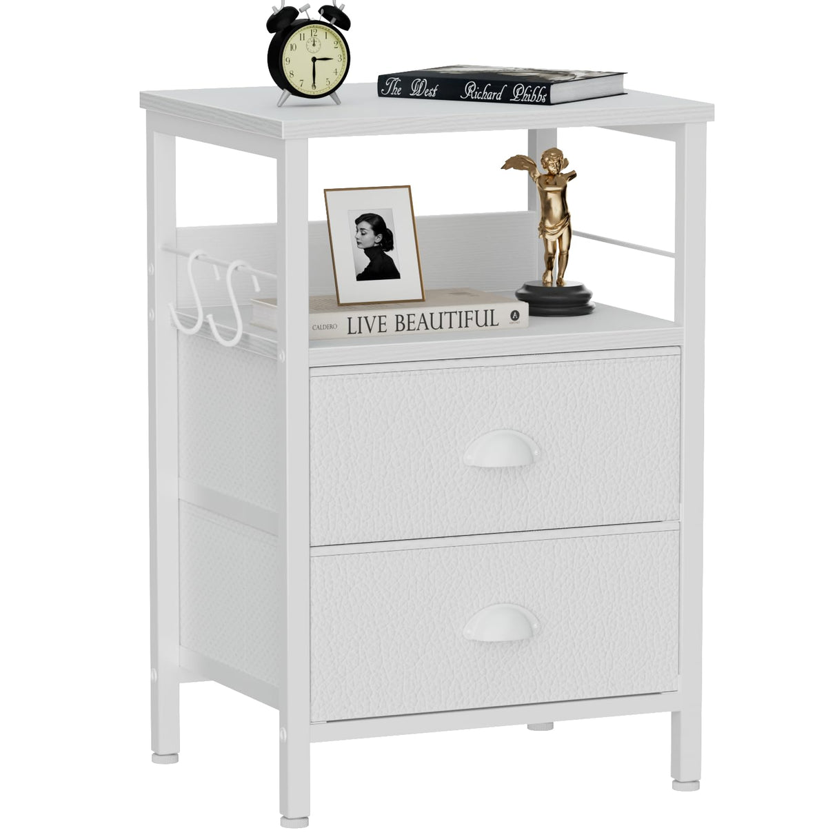 Furologee Nightstand with 2 Fabric Drawers, White Bedside Table, End Table with 2-Tier Shelf, Side Table with Hooks and Wood Top for Bedroom/Living Room/Hallway/White Furologee