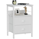 Furologee Nightstand with 2 Fabric Drawers, White Bedside Table, End Table with 2-Tier Shelf, Side Table with Hooks and Wood Top for Bedroom/Living Room/Hallway/White Furologee