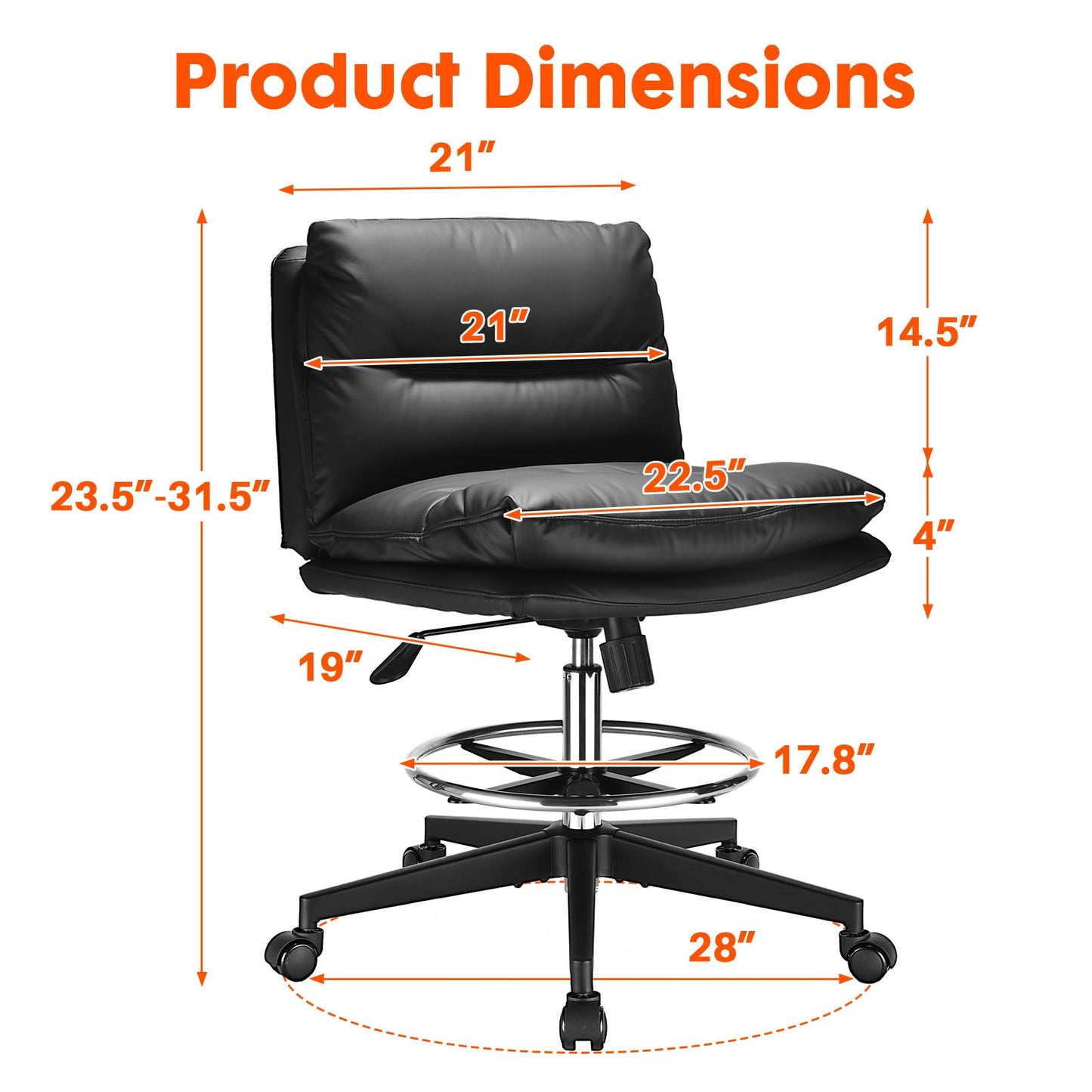 Drafting Chair Tall Office Chair Comfortable - Super Soft Seat Cushion and Larger Size, Standing Desk Chair Adjustable Height, Office Drafting Chairs with Adjustable Footrest Ring, 400LBs, Black