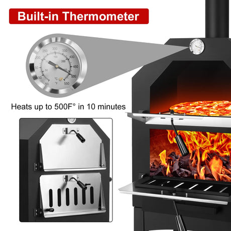 EDOSTORY Outdoor Pizza Oven, Wood Fired Pizza Oven for Outside, Patio Pizza Maker with Pizza Stone, Pizza Peel, Grill Rack, and Waterproof Cover for Backyard Camping EDOSTORY