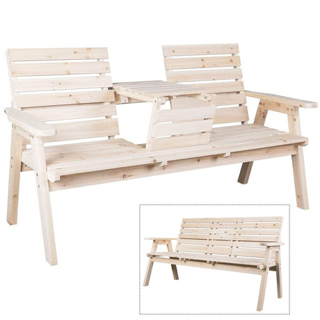 Kdgarden Cedar/Fir Log Wood Patio Garden Bench with Foldable Table, Outdoor Wooden Porch 3-Seat Bench Chair for Garden Balcony Patio Backyard, Natural Finish Kdgarden