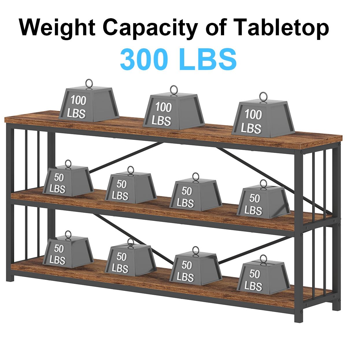 IBF Low Rustic 3 Tier Bookshelf, Industrial Horizontal Wood Bookcase, Farmhouse Long Wide Open Metal Etagere, Modern Large Vintage Book Shelf for Home Office Bedroom Living Room, Rustic Brown, 63 Inch IBF