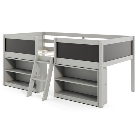 KOMFOTT Twin Size Low Loft Bed, Kids Loft Bed Frame with Movable Storage Shelves, Chalkboard & Ladder, Solid Wood Twin Bed with Under-Bed Play Area for Kids, Boys & Girls, No Box Spring Needed, Grey KOMFOTT