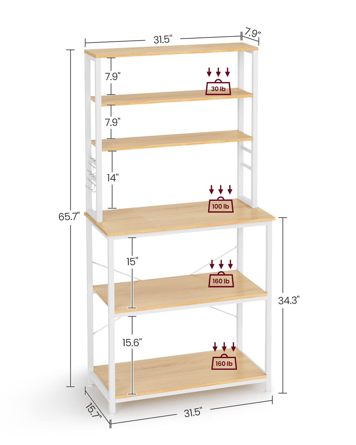 VASAGLE Oak + White 6-Tier Kitchen Baker's Rack with Adjustable Shelves & Hooks VASAGLE