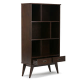 SIMPLIHOME Draper Bookcase - 64 inch Tall Solid Hardwood Wide Storage Bookshelf in Medium Auburn Brown, Mid-Century Modern Storage for Living Room or Office with Adjustable Shelves and Tapered Legs SIMPLIHOME